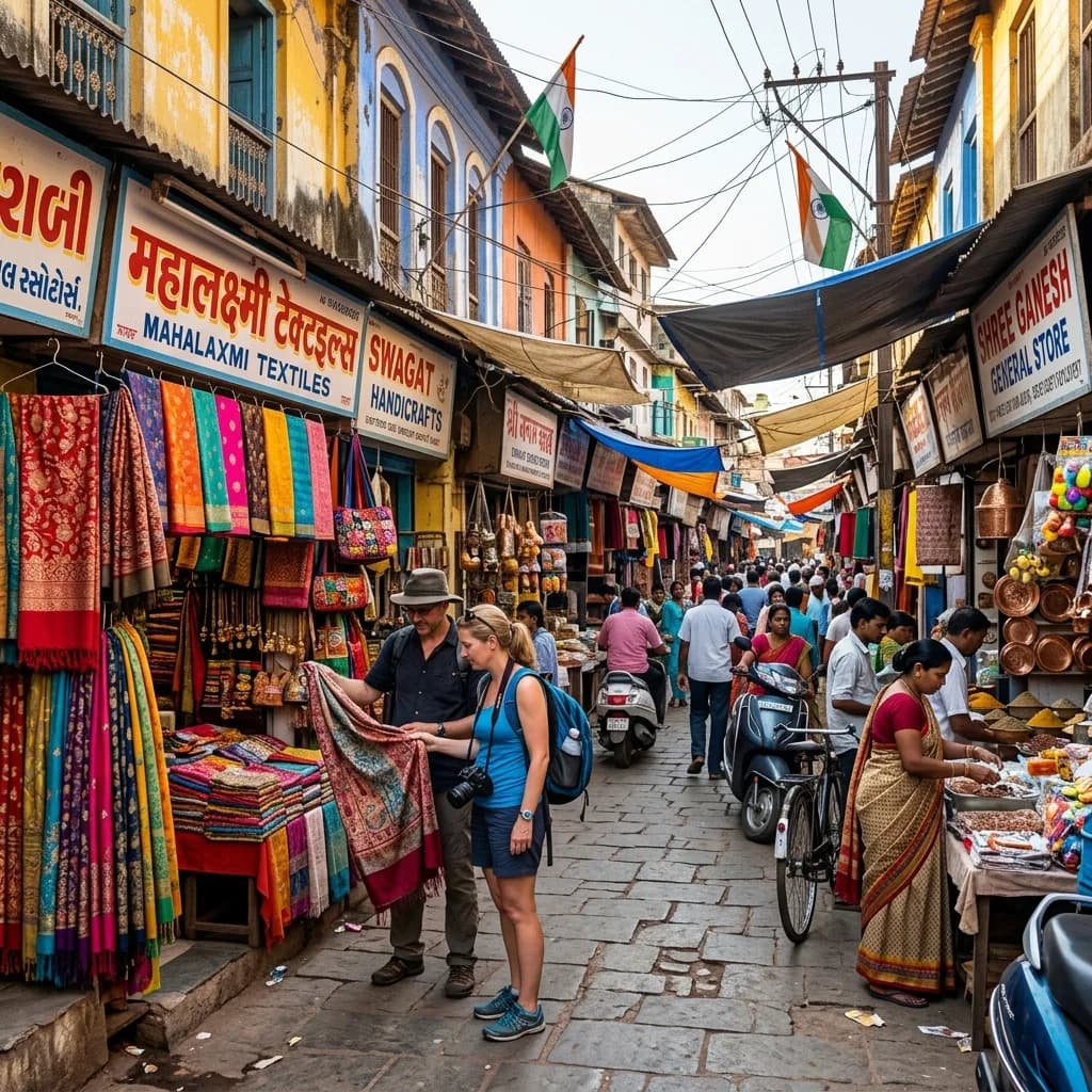 Traditional street market in Nani Daman with colorful clothes, textiles, and local shopping stalls