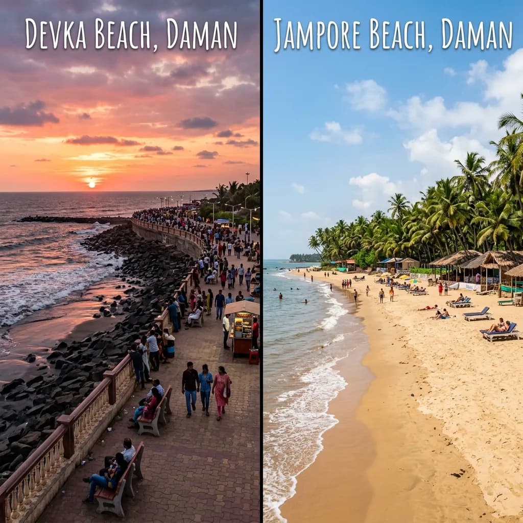 Side by side view comparing rocky Devka Beach promenade at sunset and sandy Jampore Beach lined with palms